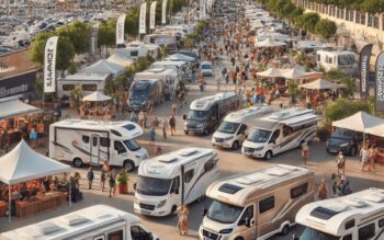 Pintura donde se muestra una feria y exposición de autocaravanas